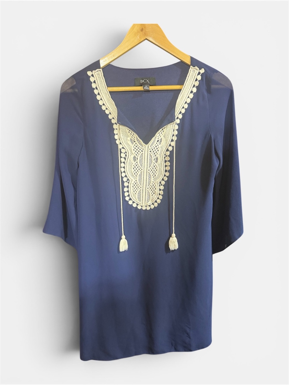 BCX Women’s Medium Navy Blue Boho Tunic Top Crochet Lace Tassel 3/4 Sleeve